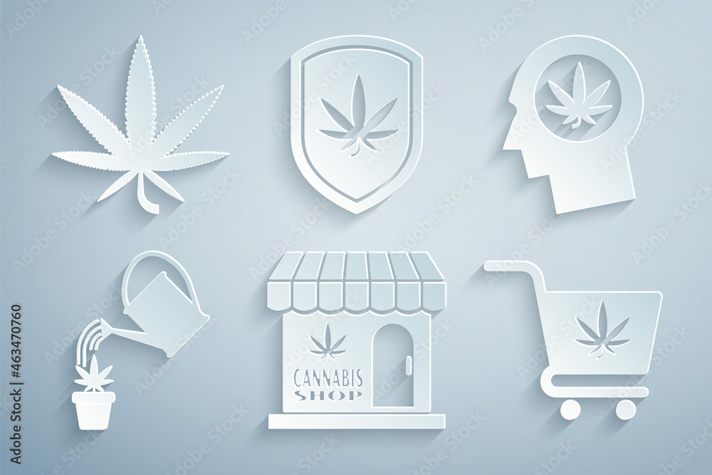 Set Marijuana and cannabis store, Head in profile with marijuana, Watering, Shopping cart, Shield and leaf icon. Vector Set Marijuana and cannabis store, Head in profile with marijuana, Watering, Shopping cart, Shield and leaf icon. Vector
