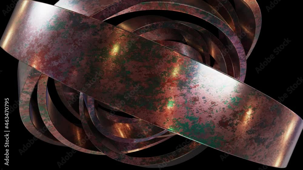 Abstract looping 3D animation of the rotating aged corroded copper or bronze rings rendered in UHD with alpha matte Abstract looping 3D animation of the rotating aged corroded copper or bronze rings rendered in UHD with alpha matte