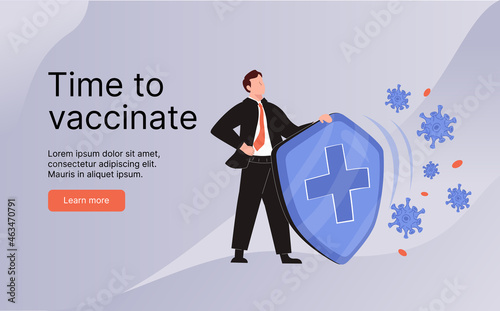 Businessman holding shield protecting from coronavirus, vaccination concept. Vaccination concept design. Vaccination.