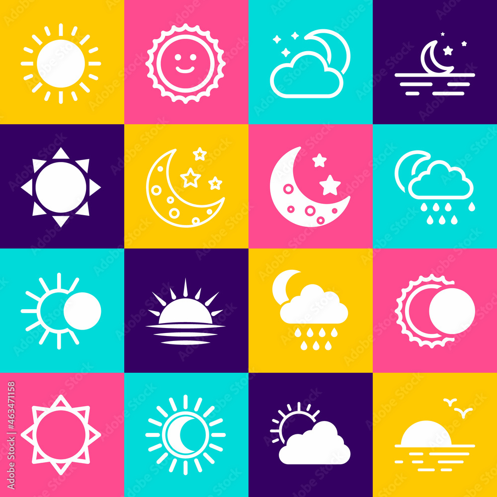 Set Sunset, Eclipse of the sun, Cloud with rain and moon, stars, Moon, and icon. Vector Set Sunset, Eclipse of the sun, Cloud with rain and moon, stars, Moon, and icon. Vector