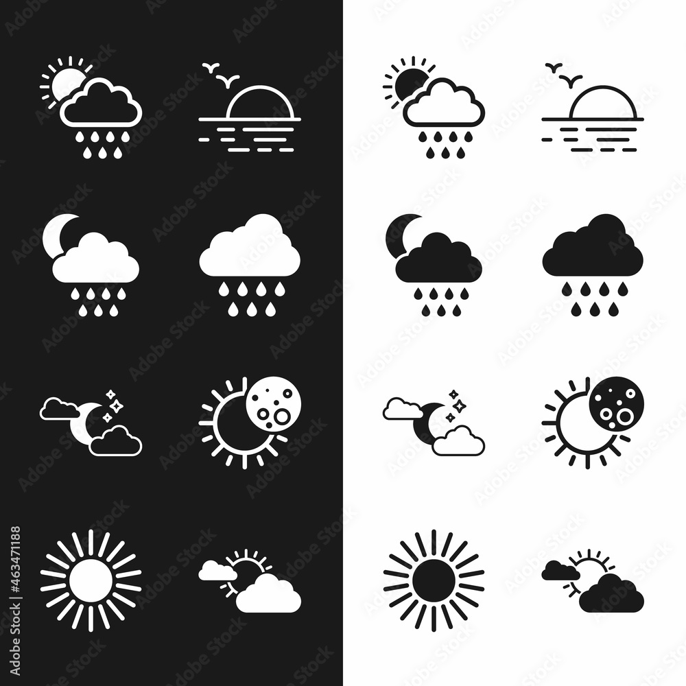 Set Cloud with rain, and moon, sun, Sunset, stars, Eclipse of the, cloud weather and icon. Vector