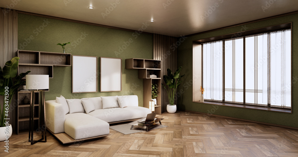 Fototapeta premium Cabinet shelves on Green wall design room with decoration ,lamp,plants,carpet, sofa.3D rendering