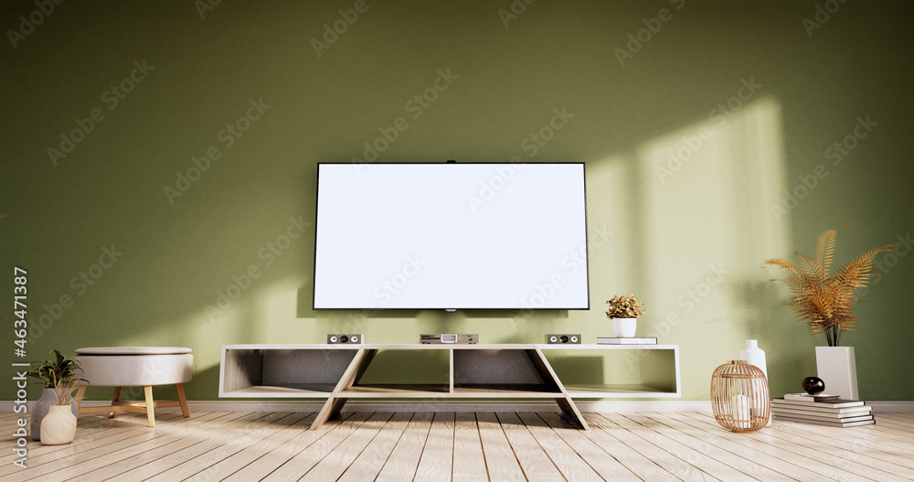 Cabinet in modern green empty room zen style,minimalist designs. 3D rendering