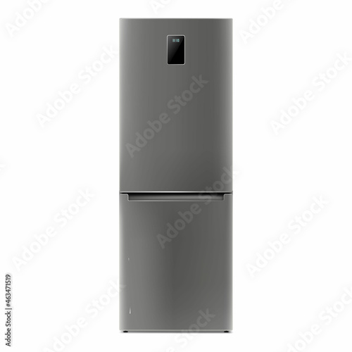 Modern stainless steel refrigerator fridge. Freezer refrigerator. Household tech and appliances. Realistic 3d Vector Illustration, isolated on white background.