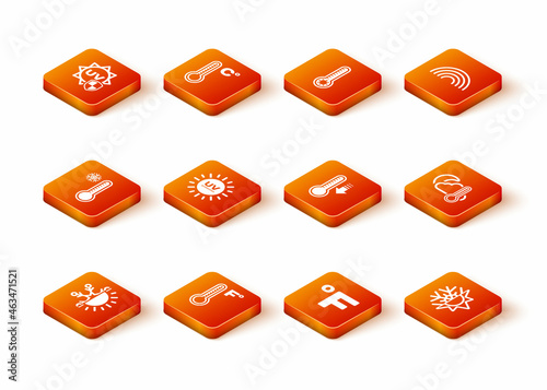 Set Sun and snowflake, Meteorology thermometer, UV protection, Fahrenheit, and Thermometer cloud, moon icon. Vector