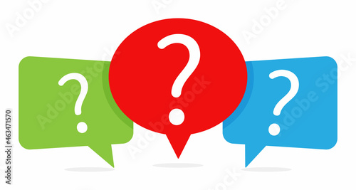 Set of three colored speech bubble, Message box with question mark icon. Vector flat design
