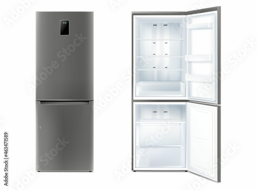 Set of realistic refrigerator with open and closed door vector illustration. Electronic fridge with cooling temperature display and shelves for products storage isolated. Home freezer for household