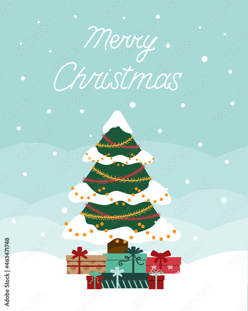 Fototapeta premium Christmas card fir tree in the snow with gifts