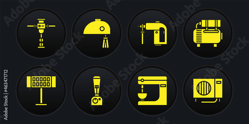 Set Electric heater, Air compressor, Blender, mixer, Rotary hammer drill machine and icon. Vector