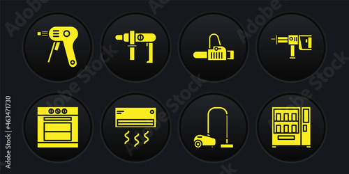 Set Oven, Rotary hammer drill machine, Air conditioner, Vacuum cleaner, Chainsaw and Electric icon. Vector