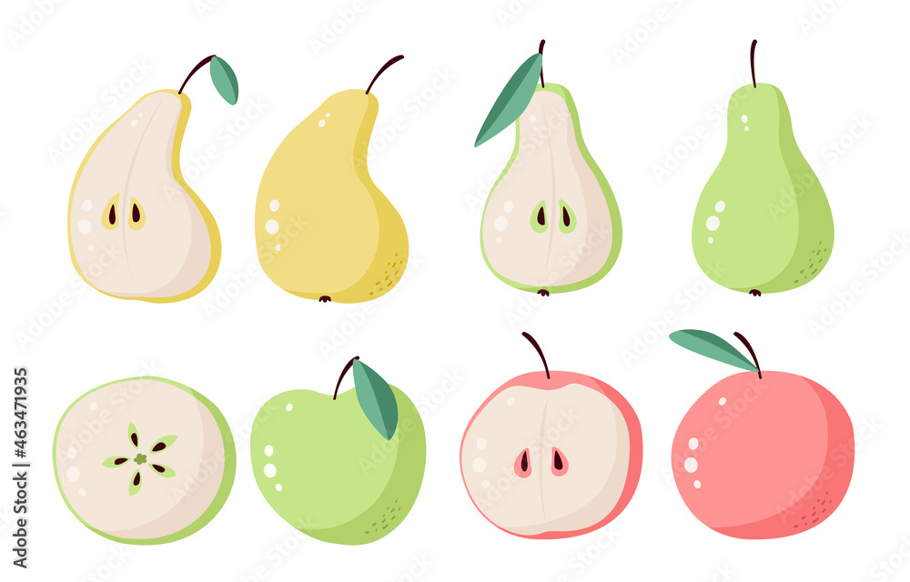 Set of vector fruits - apples and pears. Sweet summer food, green and red apples, yellow pears. Vitamins, fruits are drawn in flat style. Sectional fruit, apple wedge with seeds. Half pear Set of vector fruits - apples and pears. Sweet summer food, green and red apples, yellow pears. Vitamins, fruits are drawn in flat style. Sectional fruit, apple wedge with seeds. Half pear