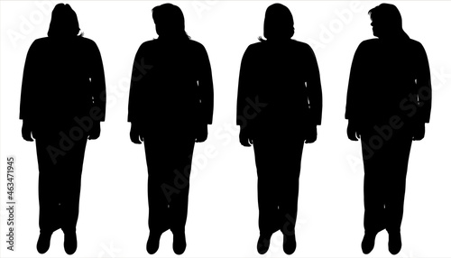 Woman silhouette in black isolated on white background. Four women stand in one line. Front view. A group of people looking in different directions, around. An office worker in a business trouser suit