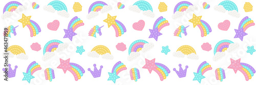 Pop it background as a fashionable silicon fidget toys. Addictive anti-stress toy in pastel colors. Bubble popit background with rainbow, star, unicorn, heart, shell. Vector illustration wide format. photo
