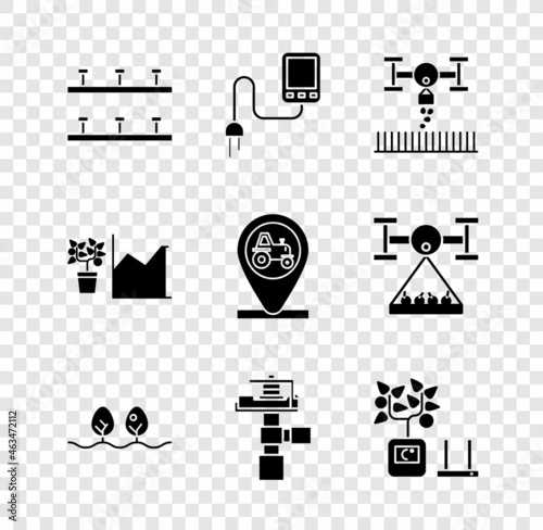 Set Automatic irrigation sprinklers, Sensor, Smart farm with drone, Plant, farming technology, Flower statistics and Tractor and location icon. Vector