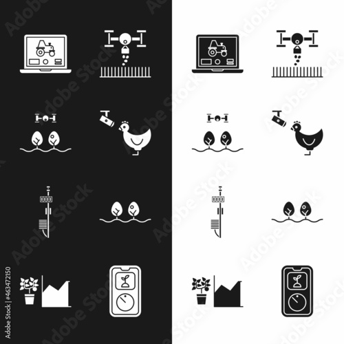 Set Chicken farm and camera, Smart with drone, Laptop application for smart, Standalone sensor, Plant, farming technology and Flower statistics icon. Vector