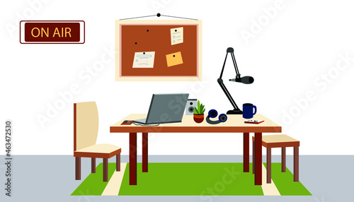 Podcast room. Sound recording room. Vector cartoon illustration