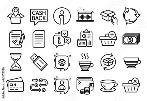 Vector set of Music making, Cafe creme and Add purchase line icons set. Calendar report, Money wallet and Credit card tag. Mocha, Payment and Espresso icons. Vector