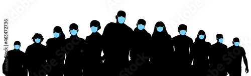 People in medical masks, silhouette of crowd. Society. Vector illustration