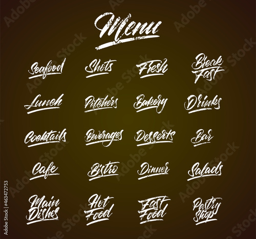 Chalk lettering menu on black chalkboard ka idea for cafes, bistros, restaurants. Vector illustration.