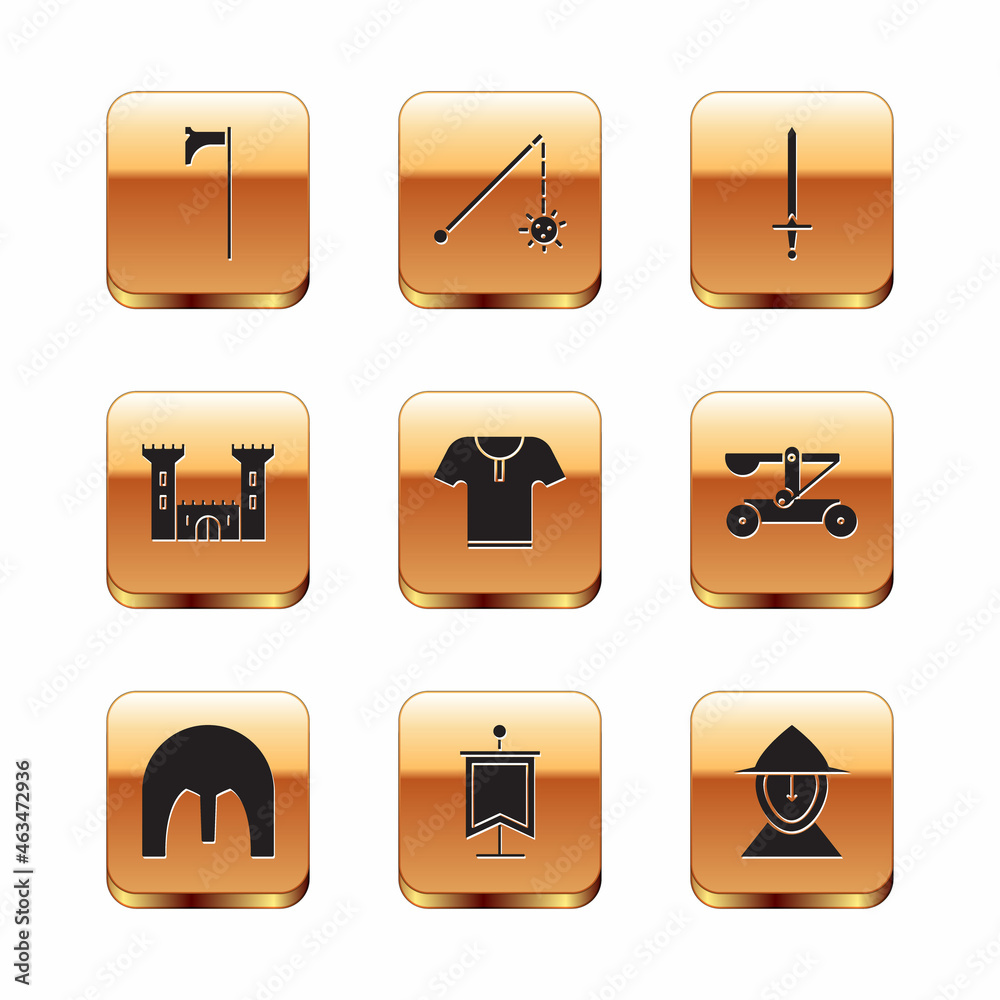 Set Medieval axe, iron helmet, flag, Body armor, Castle, sword, and chained mace ball icon. Vector Set Medieval axe, iron helmet, flag, Body armor, Castle, sword, and chained mace ball icon. Vector