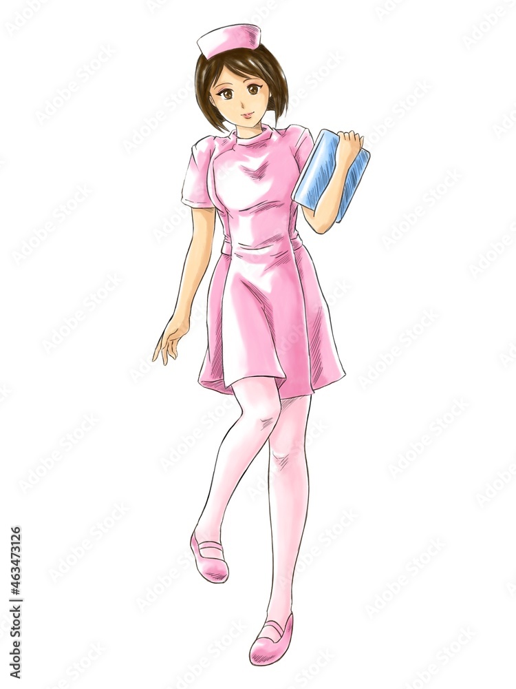 Illustration of pink cloths nurse in hatching drawing and traditional style Illustration of pink cloths nurse in hatching drawing and traditional style