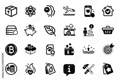 Vector Set of Business icons related to Target purpose, Shopping basket and Cardio training icons. Bitcoin, Package and Saving money signs. Clean skin, Dog certificate and No cash. Atom. Vector