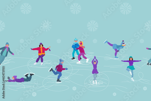 People skating. Horizontal seamless pattern. Winter repeating background. Vector illustration.