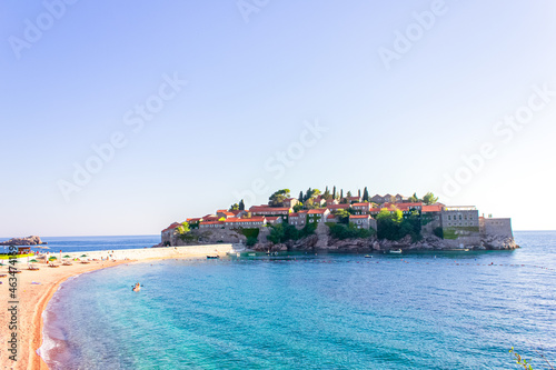 Landscapes of Montenegro: view of the island of Sveti Stefan from the coast. photo