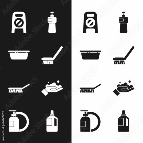 Set Brush for cleaning, Plastic basin, Wet floor and progress, Dishwashing liquid bottle, Washing hands with soap, Fabric softener and plate icon. Vector