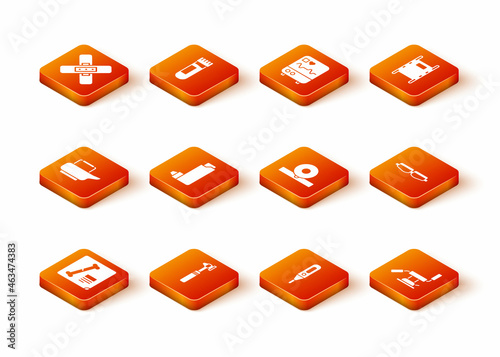 Set X-ray shots, Medical otoscope tool, Bedpan, Inhaler, digital thermometer, Otolaryngological head reflector, dental chair and Safety goggle glasses icon. Vector