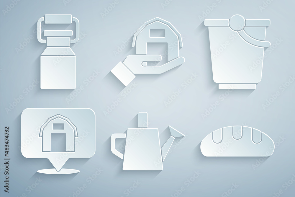 Set Watering can, Bucket, Location farm house, Bread loaf, Farm hand and Can container for milk icon. Vector