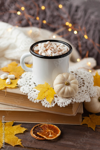 Autumn composition with hot chocolate with marshmallow. Aromatherapy on a grey fall morning, atmosphere of cosiness and relax. Wooden background, window sill, close up
