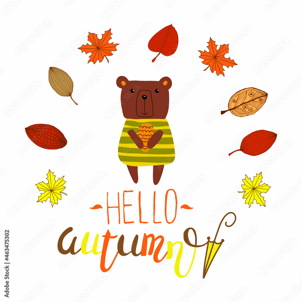 Hello autumn: doodle vector illustration with cute little bear. For ...