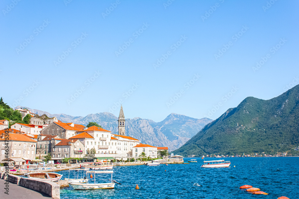 View of the historic town of Perast at Bay of Kotor on a beautiful sunny day, Montenegro