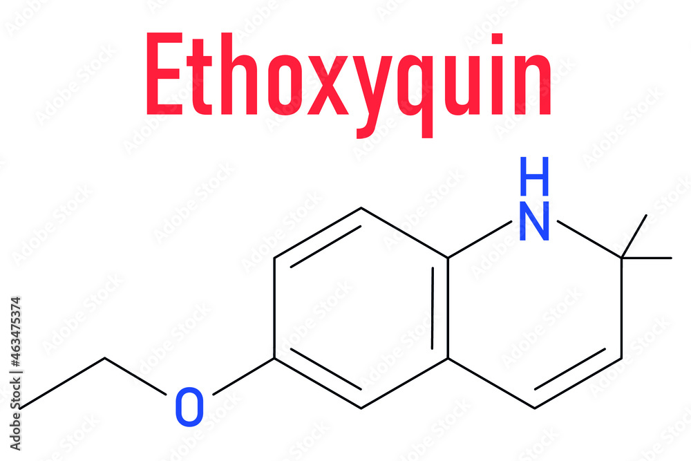 Fototapeta premium Ethoxyquin antioxidant food preservative molecule. Also used to control scald on pears. Skeletal formula.