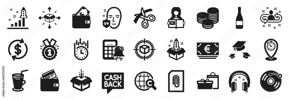 Set of simple icons, such as Debit card, Approved, Uv protection icons. Scissors, Timer, Get box signs. Attachment, Tips, Headphones. Wallet, Development plan, Throw hats. Gifts, Cocktail. Vector