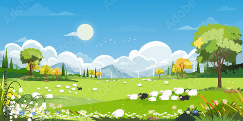 Spring village with goats, sheep and windmills on hills with blue sky and clouds,Vector cartoon Natural rural of Spring, Summer landscape,Countryside with Organic farm fields, Eco friendly concept