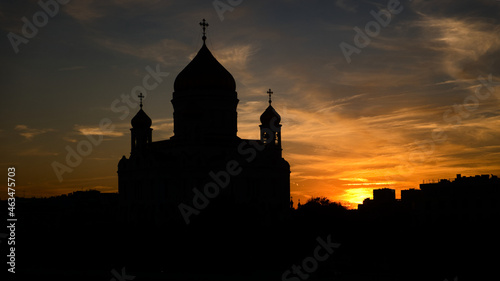 Silhouette of Cathedral of Christ the Savior in Moscow in evening sunset. Beautiful cityscape of russian capital.
