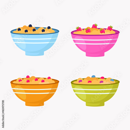 Healthy breakfast set, oatmeal for breakfast, oatmeal with blueberries and strawberries, proper nutrition, vector illustration.