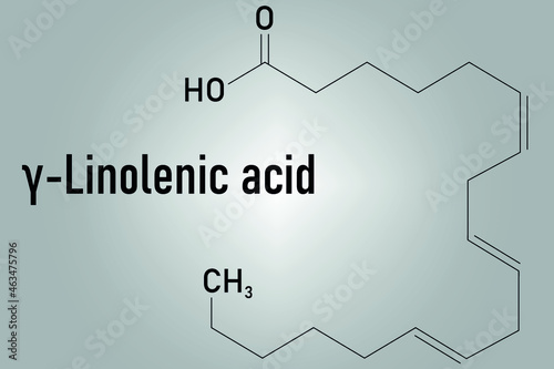 Gamma-linolenic acid (γ-linolenic acid, GLA, gamolenic acid) molecule. Omega-6 fatty acid present in many vegetable oils, including evening primrose, chia, hemp and borage seed oils. Skeletal formula.