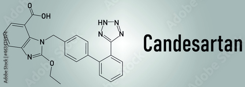 Candesartan hypertension drug molecule. Skeletal formula.