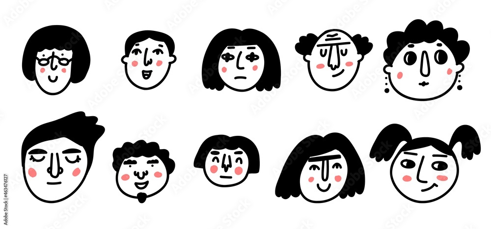 Doodle face. Caricature avatar set. Cartoon cute hipster persons. Vector illustrations Doodle face. Caricature avatar set. Cartoon cute hipster persons. Vector illustrations