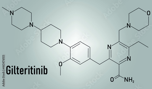 Gilteritinib cancer drug molecule (kinase inhibitor). Skeletal formula.