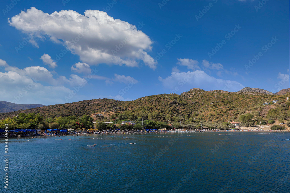 DATCA,MUGLA,TURKEY 02 Eylül 2021 :View from Hayitbuku bay near Mesudiye,Datca.Datça is a port town in southwestern Turkey. It's situated on the narrow Datça Peninsula on the Aegean Sea