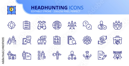 Simple set of outline icons about headhunting. Business concept.