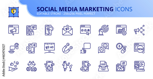 Simple set of outline icons about social media marketing