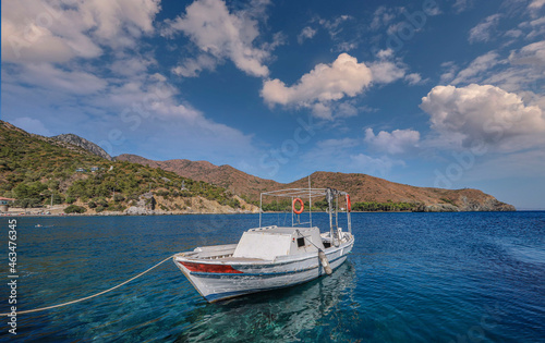 DATCA,MUGLA,TURKEY 02 Eylül 2021 :View from Hayitbuku bay near Mesudiye,Datca.Datça is a port town in southwestern Turkey. It's situated on the narrow Datça Peninsula on the Aegean Sea © mylasa