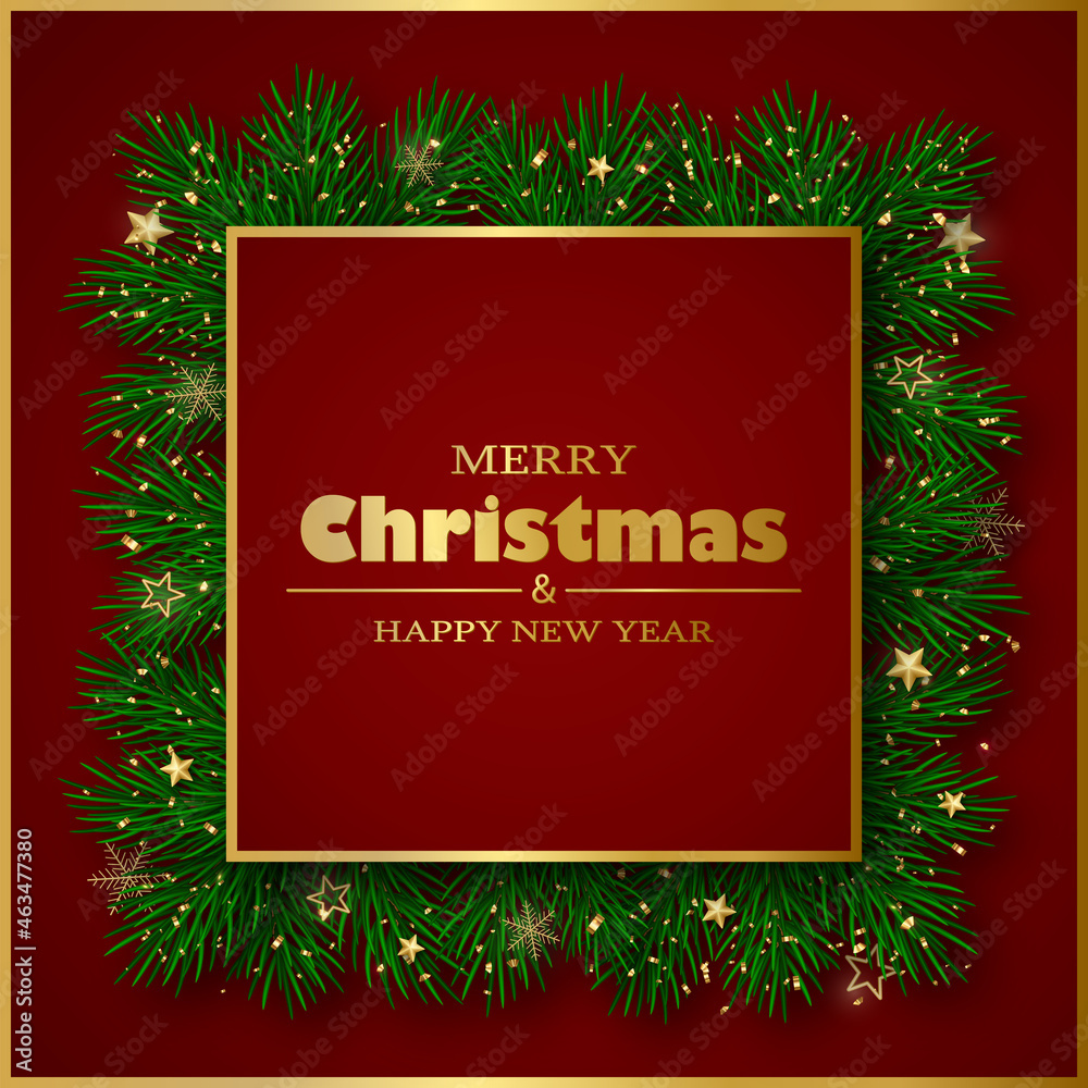 Merry Christmas and Happy New Year greeting card. Christmas tree branches, gold decor and confetti on a red background.
