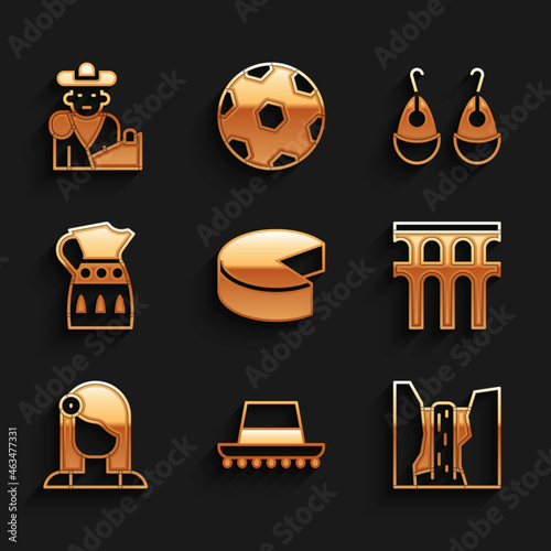 Set Cheese, Spanish hat, Algar waterfall, Aqueduct of Segovia, woman, Sangria pitcher, Earrings and Bullfight, matador icon. Vector