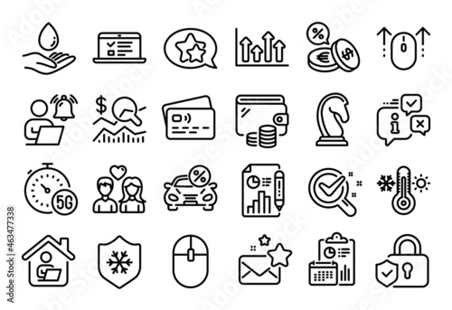 Vector set of Upper arrows, User notification and Web lectures line icons set. Calendar report, Money wallet and Credit card tag. Check investment, Thermometer and Couple love icons. Vector